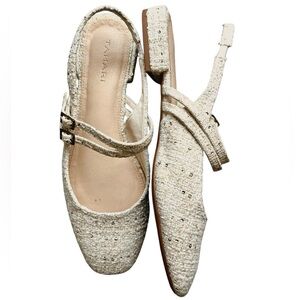 Tahari Cream Tweed Slingback Flats with Gold Accents